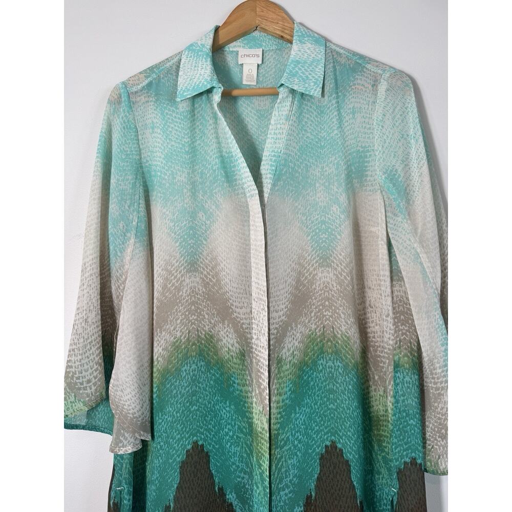 Chico's Women's Bahama Breeze Super Tunic Top Size 0 S Sheer Ombre Teal Chevron - Picture 3 of 12